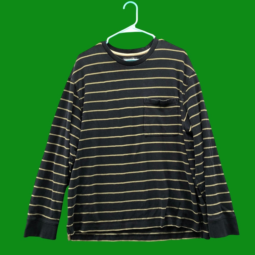 Banana Republic Long Sleeve Pocket Tee Mens Large Black Cream Striped Relaxed